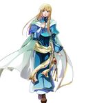  bag bangs blonde_hair blue_dress blue_eyes boots cape dress fire_emblem fire_emblem:_rekka_no_ken fire_emblem_heroes full_body hand_on_own_chest highres itagaki_hako jewelry long_hair long_sleeves looking_at_viewer lucius male_focus official_art smile solo transparent_background 