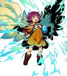  bag boots cape capelet child dress fa facial_mark fire_emblem fire_emblem:_fuuin_no_tsurugi fire_emblem_heroes forehead_mark full_body glowing green_eyes green_wings highres himukai_yuuji long_sleeves mamkute official_art open_mouth pink_hair pointing ribbon short_dress short_hair solo stone transparent_background wings 