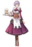  apron boots breasts corset cup detached_sleeves dress eiyuu_densetsu enami_katsumi food full_body green_eyes holding juliet_sleeves knee_boots long_sleeves looking_at_viewer maid maid_apron maid_headdress medium_breasts official_art pastry puffy_sleeves purple_hair sen_no_kiseki sharon_kruger simple_background smile solo standing teacup teapot tiered_tray tray 