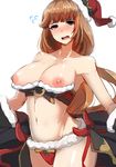  :o armpits backlighting bandeau bangs bare_shoulders bikini black_bikini_top black_eyes blush bow breasts brown_hair cameltoe christmas cleavage collarbone commentary_request cowboy_shot eyebrows_visible_through_hair flying_sweatdrops from_side fur_trim gloves granblue_fantasy half-closed_eyes hat head_tilt hips large_breasts long_hair looking_at_viewer lowres mismatched_bikini navel nipples nose_blush open_mouth promethea_(granblue_fantasy) raised_eyebrows red_bikini_bottom santa_hat showgirl_skirt simple_background skirt solo standing strapless strapless_bikini swimsuit tenken_(gotannda) very_long_hair wavy_mouth white_background 