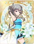  armpits artist_request battle_girl_high_school blue_eyes braid detached_sleeves flower grey_hair hair_ornament highres looking_at_viewer narumi_haruka official_art petals pose side_braid smile solo thighhighs weapon 