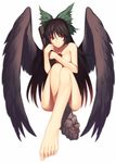  arm_cannon bangs barefoot bird_wings black_hair black_wings blurry bow breasts closed_mouth collarbone commentary_request depth_of_field feathered_wings foreshortening full_body green_bow hair_bow kaiza_(rider000) large_breasts long_hair looking_at_viewer nude red_eyes reiuji_utsuho shoes simple_background single_shoe sitting smile solo third_eye toes touhou very_long_hair weapon white_background wings 