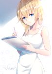  1girl absurdres bare_arms blonde_hair blue_eyes chiutake_mina collarbone commentary_request dress highres holding holding_notebook holding_pencil kingdom_hearts kingdom_hearts_chain_of_memories kingdom_hearts_ii long_hair looking_at_viewer namine pencil signature sketchbook smile solo white_dress 