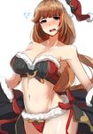  :o armpits backlighting bandeau bangs bare_shoulders bikini black_bikini_top black_eyes blush bow breasts brown_hair cameltoe christmas cleavage collarbone commentary_request cowboy_shot eyebrows_visible_through_hair flying_sweatdrops from_side fur_trim gloves granblue_fantasy half-closed_eyes hat head_tilt hips large_breasts long_hair looking_at_viewer lowres mismatched_bikini navel nose_blush open_mouth promethea_(granblue_fantasy) raised_eyebrows red_bikini_bottom santa_hat showgirl_skirt simple_background skirt solo standing strapless strapless_bikini swimsuit tenken_(gotannda) very_long_hair wavy_mouth white_background 