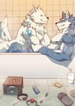  2017 age_difference anthro ball_gag bathing bathroom canine clothing collar duo father father_and_son footwear gag imminent_sex incest lube male male/male mammal mature_male muscular muscular_male nude older_male parent pecs sandals sex_toy silentheaven smile son tattoo wolf 