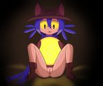  2017 animal_humanoid anthro blue_hair butt cat_humanoid clothed clothing cute_fangs feline female hair hat hi_res human humanoid lightbulb mammal niko_(oneshot) oneshot pussy scarf simple_background solo unknown_artist young 