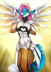  &lt;3 2017 5_fingers anthro armor blue_fur canine clothed clothing cosplay fox fur hair lycangel male mammal mechanical_wings mercy_(overwatch) overwatch pink_eyes pink_hair smile solo standing video_games 