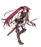  belt black_legwear boots fire_emblem fire_emblem_heroes fire_emblem_if full_body gloves hair_ribbon highres knee_boots long_hair luna_(fire_emblem_if) mercenary_(fire_emblem) official_art pantyhose pauldrons red_eyes red_hair ribbon sheath single_pauldron skirt solo sword torn_clothes torn_legwear transparent_background twintails very_long_hair weapon white_skirt zaza_(x-can01) 