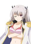  &gt;:) ;) bikini breasts commentary_request crossed_arms epaulettes gobanme_no_mayoi_neko highres jacket_on_shoulders long_hair medium_breasts navel one_eye_closed qualidea_code red_eyes silver_hair smile solo striped striped_bikini swimsuit tenkawa_maihime v-shaped_eyebrows white_background 