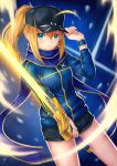  1girl ahoge artoria_pendragon_(all) black_hat black_shorts blonde_hair blue_eyes blue_jacket blue_scarf cowboy_shot excalibur eyebrows_visible_through_hair fate/grand_order fate_(series) hair_between_eyes hat holding holding_sword holding_weapon jacket kelinch1 long_hair long_sleeves looking_at_viewer mysterious_heroine_x peaked_cap ponytail scarf short_shorts shorts sidelocks solo standing sword weapon 