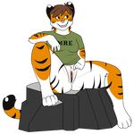  2017 anthro bottomless brown_hair clitoral_hood clitoris clothed clothing exhibitionism feline female food fur green_eyes hair hi_res looking_aside mammal mre orange_fur os pink_nose pointing pussy rock shirt sitting smile solo suggestive t-shirt tiger white_fur 