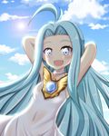  ahoge armpits arms_behind_head arms_up blue_eyes blue_sky blush choker cloud commentary day dress granblue_fantasy highres long_hair looking_at_viewer lyria_(granblue_fantasy) open_mouth outdoors silver_eyes sky smile solo tamayan upper_body very_long_hair white_dress 