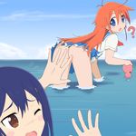  2girls ass blue_eyes blue_hair blue_skirt blue_sky brown_eyes duo female flip_flappers high_resolution horizon kokomine_cocona long_hair maimai251 multiple_girls nopan ocean one_eye_closed open_mouth orange_hair papika_(flip_flappers) pleated_skirt school_uniform serafuku shirt short_hair skirt sky white_shirt 