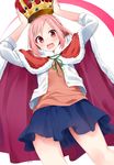  blush cape commentary_request crown d: hair_ornament hairclip koharu_yoshino looking_at_viewer open_mouth pink_hair red_eyes sakura_quest sasahara_wakaba short_hair solo 