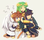  2boys bare_shoulders black_hair blue_eyes blush bracer brown_hair dark_pit green_eyes green_hair jewelry kid_icarus kid_icarus_uprising long_hair multiple_boys necklace open_mouth palutena pit_(kid_icarus) red_eyes short_hair smile tiara very_long_hair wings wusagi2 