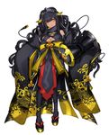  aegislash black_hair black_legwear breasts cleavage dark_skin full_body gen_6_pokemon geta hair_ornament highres japanese_clothes katagiri_hachigou kimono large_breasts long_hair long_sleeves looking_at_viewer off_shoulder personification pokemon sash simple_background solo white_background wide_sleeves yellow_eyes 