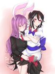  animal_ears annoyed black_hair black_legwear blazer blue_bow bow bunny_ears commentary crossed_arms directional_arrow fatuus hand_on_another's_hip hand_on_another's_leg highres horns jacket kijin_seija lavender_hair long_hair long_sleeves looking_at_another looking_away multicolored_hair multiple_girls necktie one_eye_closed pleated_skirt puffy_short_sleeves puffy_sleeves purple_hair red_eyes red_hair red_neckwear reisen_udongein_inaba sash short_hair short_sleeves signature sitting sitting_on_lap sitting_on_person skirt smile streaked_hair touhou very_long_hair white_hair yuri 