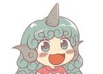  :3 :d aqua_eyes aqua_hair blush_stickers chibi cloud_print collared_shirt curly_hair dot_nose eyebrows_visible_through_hair gyate_gyate horn ikiyouz kariyushi_shirt komano_aun long_hair looking_at_viewer meme open_mouth red_shirt shirt smile solo tareme touhou transparent_background upper_body v-shaped_eyebrows 