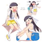  ^_^ bad_id bad_pixiv_id black_hair breasts brown_eyes closed_eyes genderswap genderswap_(mtf) gym_uniform hand_mirror headband heart heart_in_mouth korean low_twintails matsuno_juushimatsu matsuno_karamatsu medium_breasts mery_(apfl0515) mirror multiple_girls one_eye_closed open_mouth osomatsu-kun osomatsu-san shorts siblings sideboob sisters smile translation_request twintails wall-eyed 