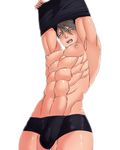  1boy abs asutarou brown_hair bulge crotch male_focus muscle pecs shirt_lift tagme undressing 