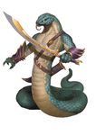  armor blue_scales bracers forked_tongue male melee_weapon naga nude reptile scabbard scales scalie snake snake_eyes sword tan_scales tongue tongue_out weapon 