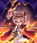  2017 amber_eyes black_scales blonde_hair blue_eyes clothed clothing dragon duo evan_(maplestory) fingerless_gloves fire front_view gloves hair hairband horn human jacket looking_at_viewer magic magic_user male mammal maplestory mir nurinaki scales shirt staff t-shirt wings 