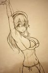  armpits arms_up bikini breasts cleavage cowboy_shot headphones highres large_breasts long_hair looking_at_viewer monochrome navel nitroplus open_mouth sketch solo stretch super_sonico swimsuit tsuji_santa 