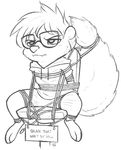  2017 alec8ter anthro arms_tied bdsm black_and_white bondage bound chair clothed clothing disney english_text eyewear fan_character female fully_bound glasses hands_behind_back hoodie mammal monochrome sign signature simple_background sitting skunk solo spread_legs spreading text tied_legs white_background zootopia 