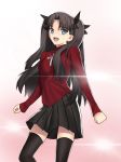  :d berrykanry black_bow black_hair black_legwear black_skirt blue_eyes bow eyebrows_visible_through_hair fate/stay_night fate_(series) hair_bow highres long_hair long_sleeves looking_at_viewer miniskirt multiple_girls open_mouth pleated_skirt red_shirt shirt skirt smile solo standing thighhighs tohsaka_rin twintails very_long_hair zettai_ryouiki 