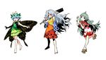  :3 antennae aqua_hair bare_shoulders barefoot blouse blue_eyes blush breasts butterfly_wings cleaver curly_hair detached_sleeves eternity_larva full_body geta grey_hair hair_ornament hidden_star_in_four_seasons highres horn kariyushi_shirt komano_aun leaf_hair_ornament long_hair looking_at_viewer medium_breasts multiple_girls open_mouth outstretched_arms over_shoulder paw_pose pink_eyes pointy_ears red_eyes sakata_nemuno seeker shirt short_hair shorts simple_background sketch skirt smile standing touhou weapon weapon_over_shoulder white_background wings 