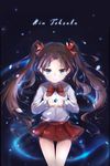  blue_eyes brown_hair character_name cupping_hands fate/zero fate_(series) gem highres ilxodidli long_hair miniskirt ribbon shirt skirt smile solo thigh_gap toosaka_rin twintails younger 