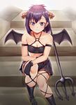  black_gloves blush breasts cleavage demon_girl demon_horns demon_wings eyebrows_visible_through_hair gabriel_dropout gloves hallelujah_essaim horns looking_at_viewer medium_breasts o-ring o-ring_top pitchfork purple_eyes purple_hair rixch smile solo stairs tsukinose_vignette_april wings 