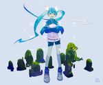  alien alternate_eye_color angry artist_name bandaid blue_hair contrapposto creature cross-laced_footwear crossed_arms drawstring fang floating_hair flower full_body grey_background hatsune_miku injury kukka legs_apart long_hair long_sleeves looking_at_viewer red_eyes shoes sideways_glance sleeves_past_wrists smile smirk sneakers solo song_name standing teeth tombstone translation_request twintails vase vocaloid youkai 