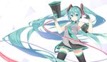  absurdly_long_hair aqua_eyes aqua_hair arms_up fhang floating_hair gloves hatsune_miku headset highres long_hair megaphone necktie no_detached_sleeves skirt smile solo thighhighs trigger_discipline twintails very_long_hair vocaloid white_background 