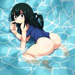  all_fours ass asui_tsuyu bare_shoulders bent_over black_eyes black_hair blush_stickers boku_no_hero_academia breasts finger_to_cheek hair_rings highleg highleg_swimsuit long_hair looking_at_viewer mato_spectoru medium_breasts one-piece_swimsuit one-piece_thong partially_submerged smile solo swimsuit water 