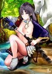  1girl black_hair blue_eyes breasts fate/grand_order fate_(series) forest holding holding_weapon horse katana long_hair medium_breasts nsfw nude river samurai sword tagme ushiwakamaru 