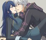  1girl blue_eyes blue_hair blush couple fire_emblem fire_emblem:_kakusei hetero hood long_hair lucina male_my_unit_(fire_emblem:_kakusei) mejiro my_unit_(fire_emblem:_kakusei) short_hair silver_hair simple_background tiara yellow_eyes 