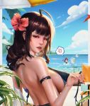  3girls ? ahoge anger_vein armlet back bangs bare_shoulders beach beach_umbrella bikini black_swimsuit blue_sky blunt_bangs blush breasts brown_hair cloud day dsr-50_(girls_frontline) erect_nipples flower from_behind girls_frontline hair_flower hair_ornament halter_top halterneck highres jewelry large_breasts long_hair looking_at_viewer looking_back m1903_springfield_(girls_frontline) multiple_girls nail_polish ocean open_mouth outdoors red_eyes red_lips red_nails shoulder_blades sideboob sidelocks sky smile splashing spoken_anger_vein spoken_question_mark swimsuit ta03545 umbrella untied untied_bikini very_long_hair wa2000_(girls_frontline) wet 