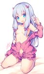  artist_name bangs blue_eyes blue_hair bow breasts cellphone eromanga_sensei eyebrows_visible_through_hair hair_bow hair_censor hair_over_breasts holding holding_phone izumi_sagiri long_hair looking_at_viewer low-tied_long_hair navel nipples open_mouth phone pink_bow recursion signature simple_background sitting small_breasts smartphone solo thighs utm wariza white_background 