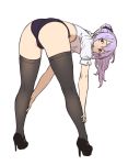  1girl ass bent_over black_footwear black_legwear black_panties elf from_behind full_body hair_bun high_heels houtengeki long_hair looking_at_viewer looking_back no_pants original panties parted_lips pointy_ears purple_hair red_eyes shirt shoes simple_background solo thighhighs underwear white_background white_shirt 