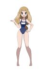  1girl bare_arms bare_legs barefoot breasts brown_hair collarbone covered_navel creatures_(company) feet full_body game_freak grey_eyes hand_on_hip legs long_hair looking_at_viewer medium_breasts nintendo one-piece_swimsuit open_mouth pokemon pokemon_(game) pokemon_xy serena_(pokemon) simple_background smile solo standing swimsuit tongue upper_teeth white_background wide_hips zanatemx 