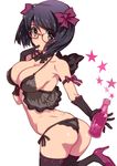  arm_ribbon ass babydoll black_gloves black_hair bottle bow breasts brown_eyes choker cowboy_shot finger_in_mouth glasses gloves hair_bow halter_top halterneck heart heart-shaped_pupils high_heels hirose_(mokiki) holding holding_bottle leg_up lingerie looking_at_viewer looking_back medium_breasts neck_ribbon original panties red-framed_eyewear ribbon ribbon_choker semi-rimless_eyewear shiny shiny_skin short_hair side-tie_panties simple_background solo star symbol-shaped_pupils thighhighs twisted_torso under-rim_eyewear underwear white_background 