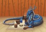  antlers blue_fur claws deanosaior detailed_background dragon eastern_dragon feral fur hair holding_object horn inside looking_at_viewer smile solo white_hair 