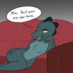  alligator anthro bea_(nitw) bran_draws_things_(artist) breasts crocodilian english_text female half-closed_eyes lying naughty_face night_in_the_woods nipples nude on_side open_mouth open_smile red_eyes reptile scalie small_breasts smile sofa speech_bubble text yellow_sclera 