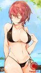  absurdres alternate_hair_color bikini black_bikini blue_sky breasts cleavage day hair_between_eyes highres hiranko kantai_collection large_breasts leaning_back navel outdoors protected_link red_hair scar short_hair side-tie_bikini sky solo sweatdrop swimsuit tenryuu_(kantai_collection) yellow_eyes 