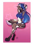 2017 african_wild_dog anthro arms_above_head blue_hair canine clothed clothing digital_media_(artwork) female hair inner_ear_fluff long_hair mammal midriff navel partially_clothed purple_eyes raised_arm sitting smile solo wolfpsalm 