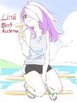  alternate_costume collarbone copyright_name hair_over_one_eye highres holding kengo little_witch_academia long_hair mushroom pink_hair red_eyes short_shorts shorts sitting slippers solo sucy_manbavaran tank_top 