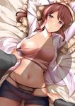  1girl arms_up bad_id bad_pixiv_id bad_revision bangs banned_artist bed_sheet black_panties blush breasts brown_eyes brown_hair collarbone cowboy_shot downscaled_revision dutch_angle eyebrows_visible_through_hair fay_(fay_axl) frilled_pillow frills idolmaster idolmaster_cinderella_girls lace lace-trimmed_panties large_breasts long_hair looking_at_viewer lying mifune_miyu navel nipples on_back one_breast_out open_clothes open_shirt out_of_frame p-head_producer panties panties_under_shorts parted_lips pillow pov shadow shirt shorts shorts_pull sidelocks solo_focus sweat twintails underwear 