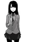  blazer bottle commentary cowboy_shot fingernails greyscale highres holding holding_bottle jacket long_hair looking_at_viewer monochrome necktie original pantyhose poaro school_uniform scowl simple_background skirt solo tongue tongue_out translation_request white_background 