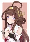  ahoge bare_shoulders blush book brown_hair dated hair_bun hairband hanauna headgear highres jewelry kantai_collection kongou_(kantai_collection) long_hair looking_at_viewer nontraditional_miko purple_eyes ring smile solo wedding_band 
